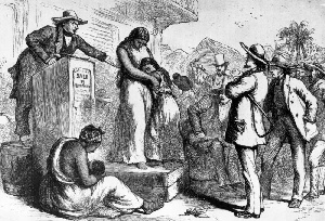 A circa 1830 illustration of a slave auction in America