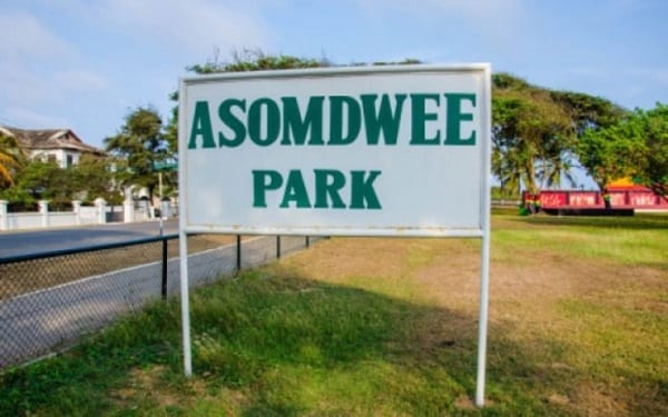 A signpost at Asomdwee Park in Accra
