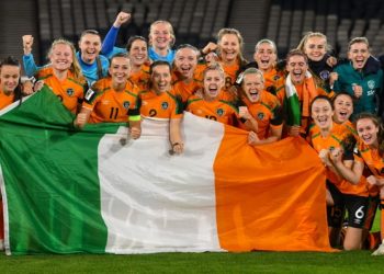 The Republic of Ireland women's team celebrate their World Cup qualification
