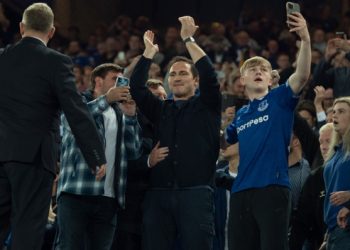 Frank Lampard celebrated in the stands at Goodison Park after Everton ensured survival last season