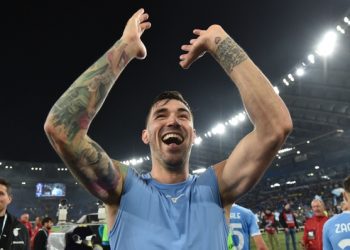 Alessio Romagnoli celebrates Lazio's win over Roma