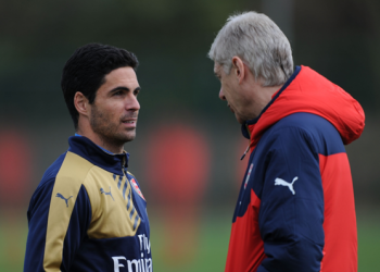 Arteta [left] played under Wenger for five seasons at Arsenal, before eventually being one of his managerial successors in 2019