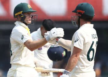 Marnus Labuschagne (left) and Travis Head picked up the final 78 runs by themselves after Usman Khawaja's duck