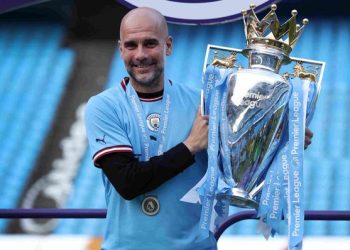 Pep Guardiola lifted the Premier League trophy for a fifth time on Sunday