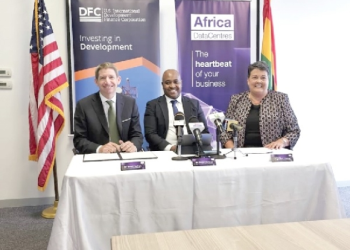 • From left to right – Mr Scott Nathan, CEO of DFC; Mr Finhai Munzara, Chief Financial Officer, Africa Data Centres, and Virginia Palmer, US Ambassador to Ghana