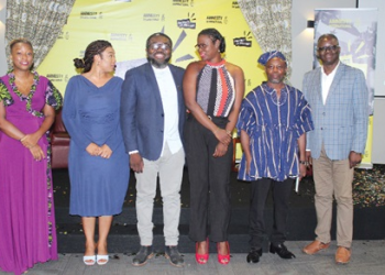 Bridget Otoo (2nd from left), a journalist, interacting with Prof. Maame A.S. Mensah-Bonsu (3rd from right), Associate Professor of Law and Head of Humanities & Social Sciences, Ashesi University. With them are Oliver Barker Vormawor (3rd from left), a Human Rights activist; Francis Nyantakyi (2nd from right), Board Chairman, Amnesty International; Genevieve Partington (left), Country Director, Amnesty International, and Sampson Lardi Ayenini (right), a legal practitioner and journalist. Picture: ERNEST KODZI